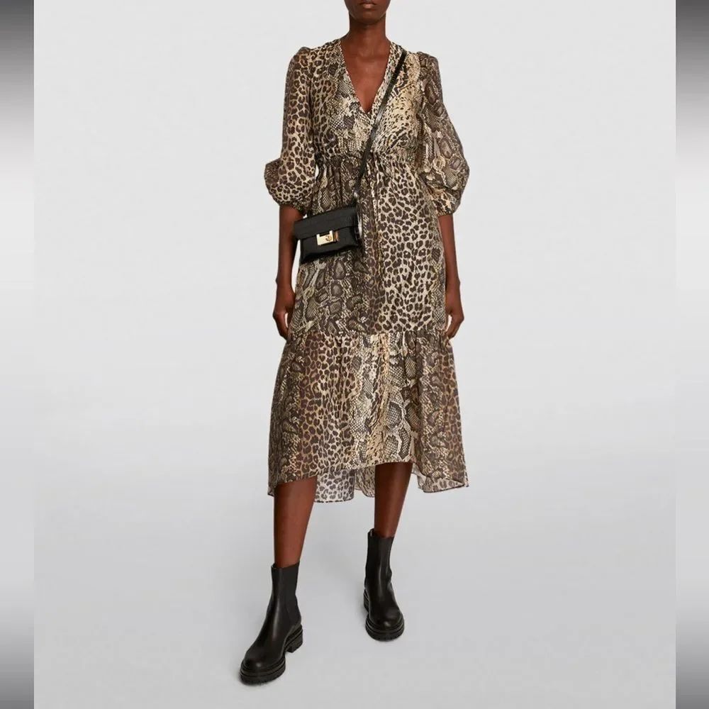 NEW All Saints Rosia Noche Animal Print Chiffon Ballon Sleeves Midi Dress 4